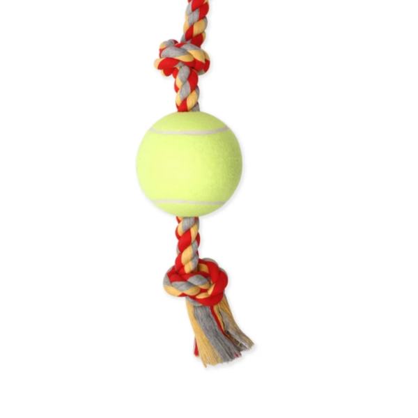 Flossy Chews Cottonblend 3 Knot Tug with Big 6" Tennis Ball Rope - Image 2