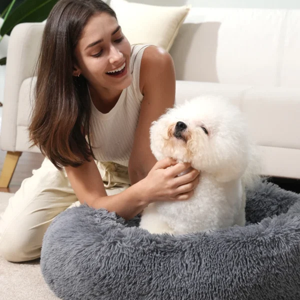 Calming Donut Dog Bed – Anti-Anxiety Plush Round Pillow for Cats & Dogs (30", Gray – Pets up to 45 lbs) - Image 5
